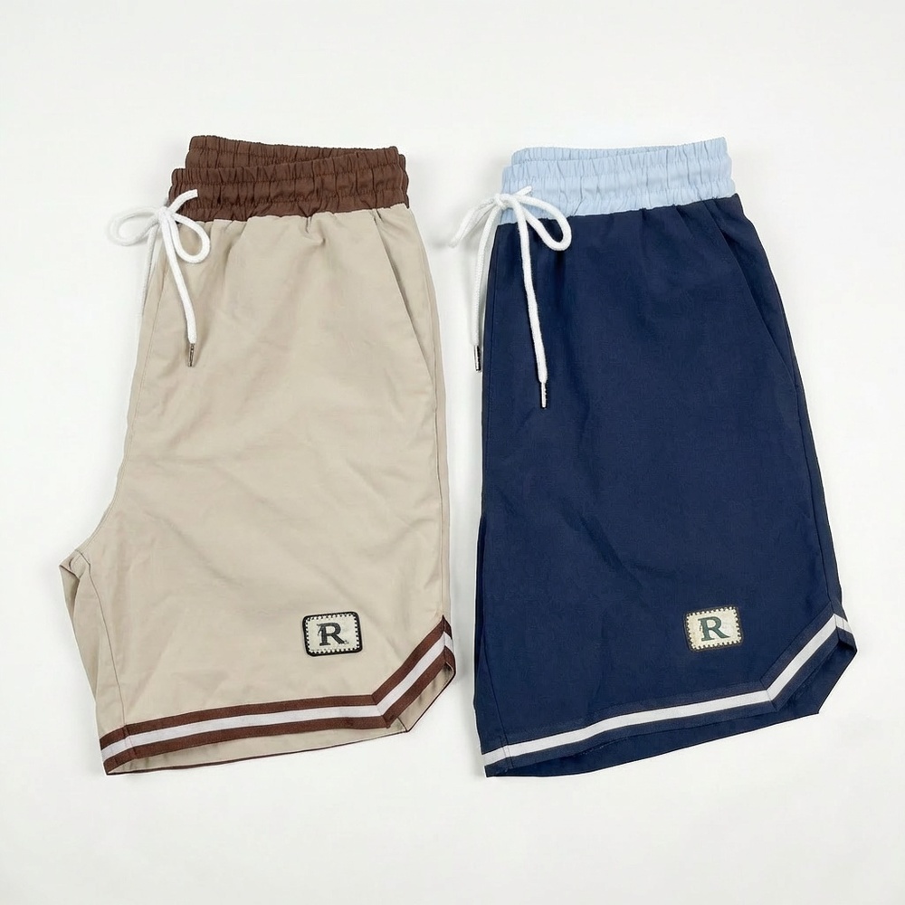 Romwe Men's Retro Basketball Shorts Bundle | 2 Pairs | Size Small | Navy & Beige